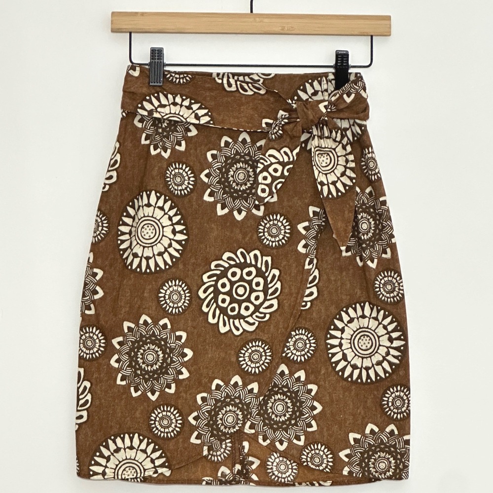 VTG 90s Breeches Womens Skirt 2 Brown Floral Mandala Mini Faux Wrap Boho Tribal